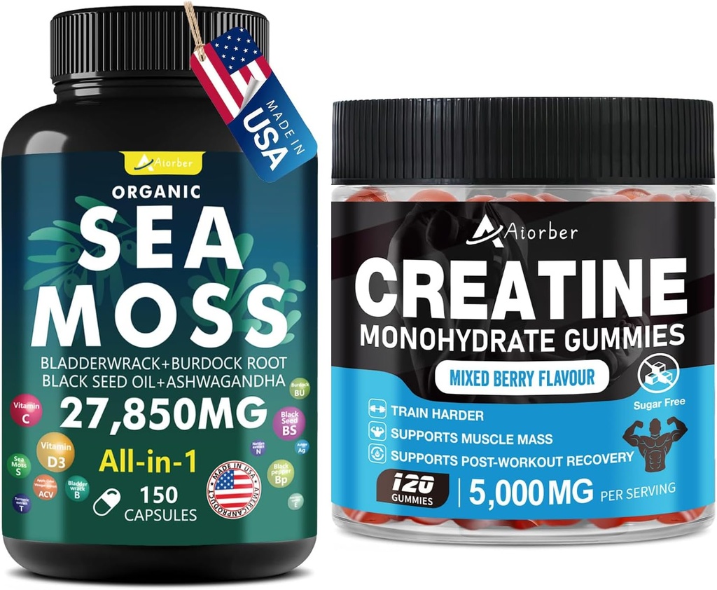 Bougie monohydratée de la mousse de mer et de la créatine 270 Nombre – Huile de graines noires de la mousse de mer biologique Aşhwagandha Ginger & Créatine Monohydrate (2 Pack)