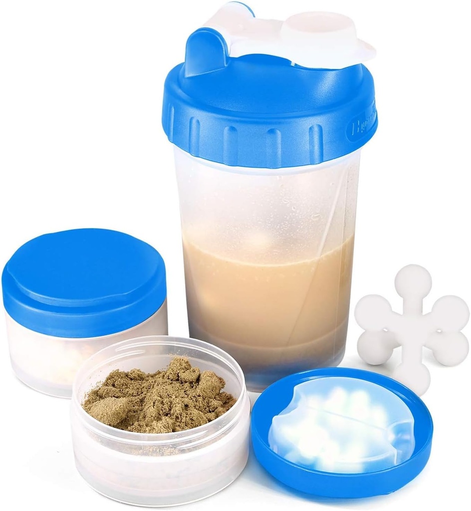 16oz Protein Shaker Bottiglia con Shaker Ball e 2 contenitori | BPA-Free Plastic Cup con Clear Measurement Scale | Perfetto per miscele di proteine e pillole | Portable Pre-Workout Drink Cup(Blue)