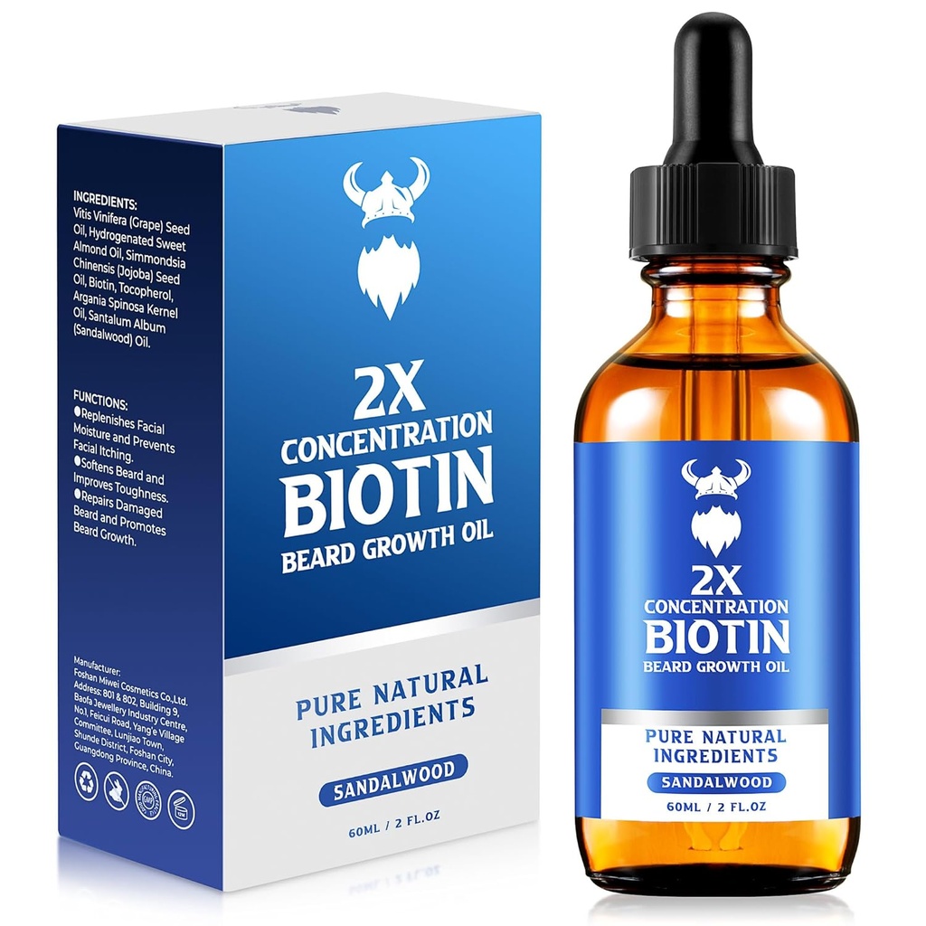Bart-Wachstumsöl - 2X Konzentration Biotin Bartöl für Männer (2 oz) - Natürliche Mens Bartöl mit Arganöl, Jojoba Öl und Vitamin, Bart Wachstumsweichmacher, Moisturizer (Sandalwood)