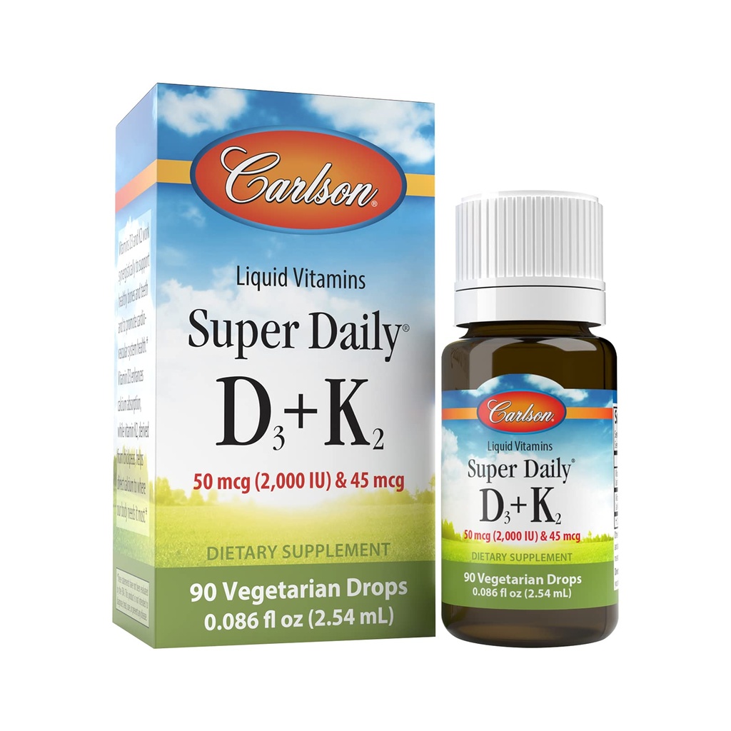 Carlson - Super Daily D3 + K2, 50 mcg D3 + 45 mcg MK-7, Santé du coeur et des os, 90 gouttes liquides, 2,54 ml