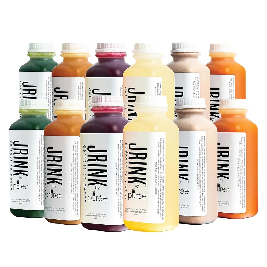 JRINK by Purée Nettoyage intermédiaire du jus, boisson de désintoxication pressée à froid avec jus de légumes et fruits biologiques de 2 jours, nettoyage surgelé du jus pressé, 12 bouteilles, 16 oz