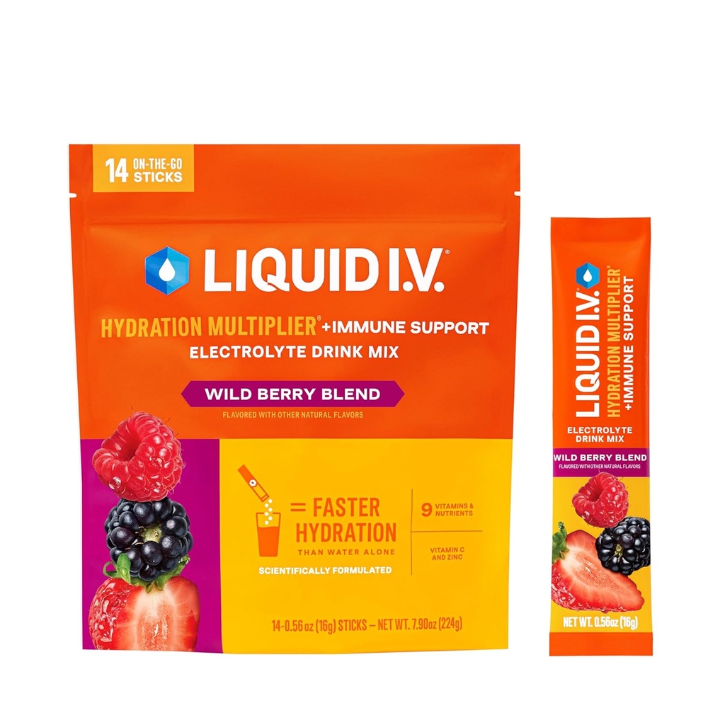 Liquid I.V.® Hydration Multiplier® +Immune Support - Wild Berry - Idration Powder Packets | Electrolyte Powder Drink Mix | Convenient Single-Serving Sticks | Non-GMO |14 Servings (Pacchetto di 12)
