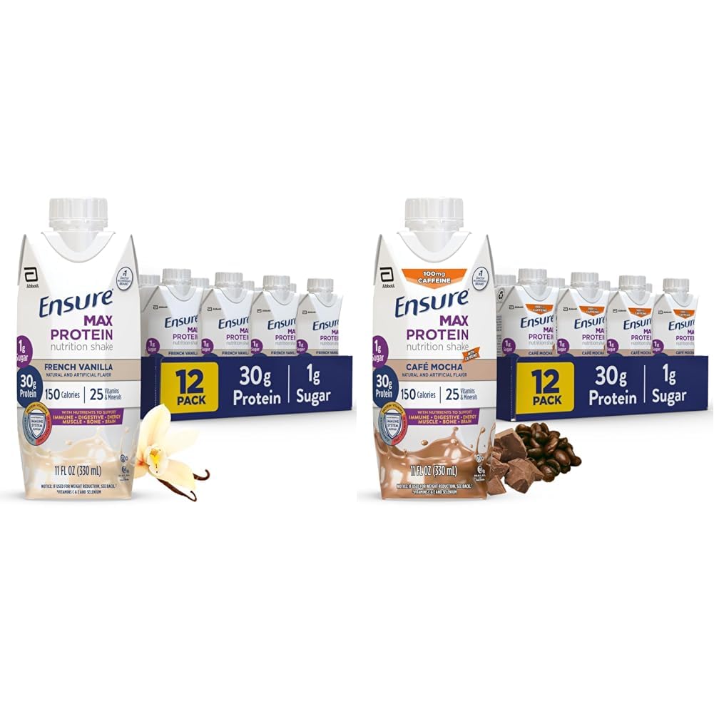 S'assurer que Max Protein Nutrition agiter avec 30g de protéines, 1g de sucre, haute protéinage agiter, Vanille française & Café Mocha, liquide, 11 fl oz (paquet de 12)