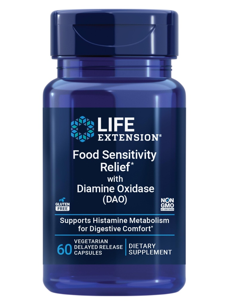 Life Extension Food Sensitivity Relief mit Diamine Oxidase (DAO), Occasional Gas, Verdauungskomfort, Histamin Sensitivity, DAO Enzyme Supplement, Glutenfrei, Non-GMO, Vegetarisch, 60 Kapseln