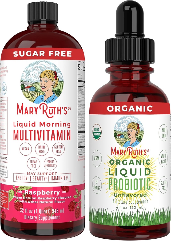 MaryRuth Organics Liquid Multivitamin Raspberry & Liquid Probiotic 4oz Bundle | Vegan Vitamina A, B, C, D3, E & Aminoacidi | Immune, Digestione, Focus & Energy Support | Gut Health Supplement.