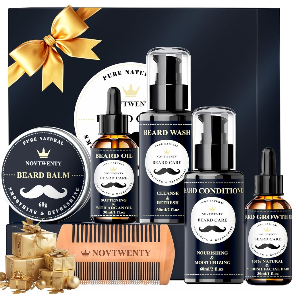 Kit di crescita del cuscinetto - Kit 7 Pc, Include lavaggio, olio, condizionatore, balsamo, combo, confezione regalo per gli uomini