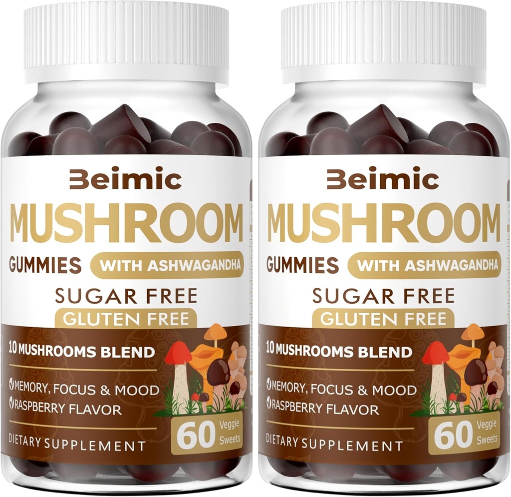 Mushroom Gummies - 10x Mushroom Supplement con Ashwagandha e Lions Mane (120 Chews) Nootropic Brain Supplement, Immune Support & Stress Relief (Pack of 2)