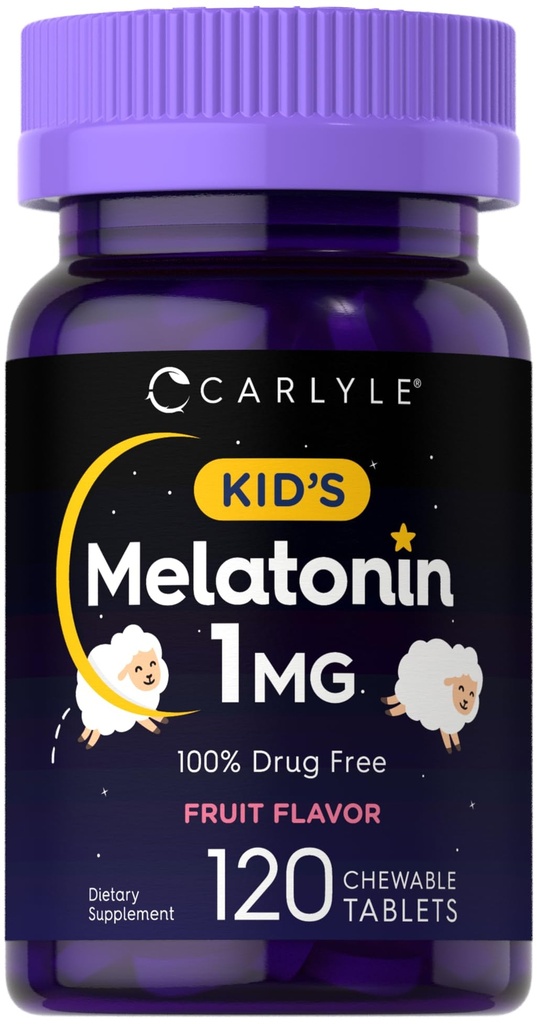 Carlyle Kids Melatonin 1mg | 120 compresse masticabili | Frutta aroma | Supplemento vegetariano | Non-GMO, Formula senza glutine