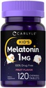 Carlyle Kids Melatonin 1mg | 120 compresse masticabili | Frutta aroma | Supplemento vegetariano | Non-GMO, Formula senza glutine