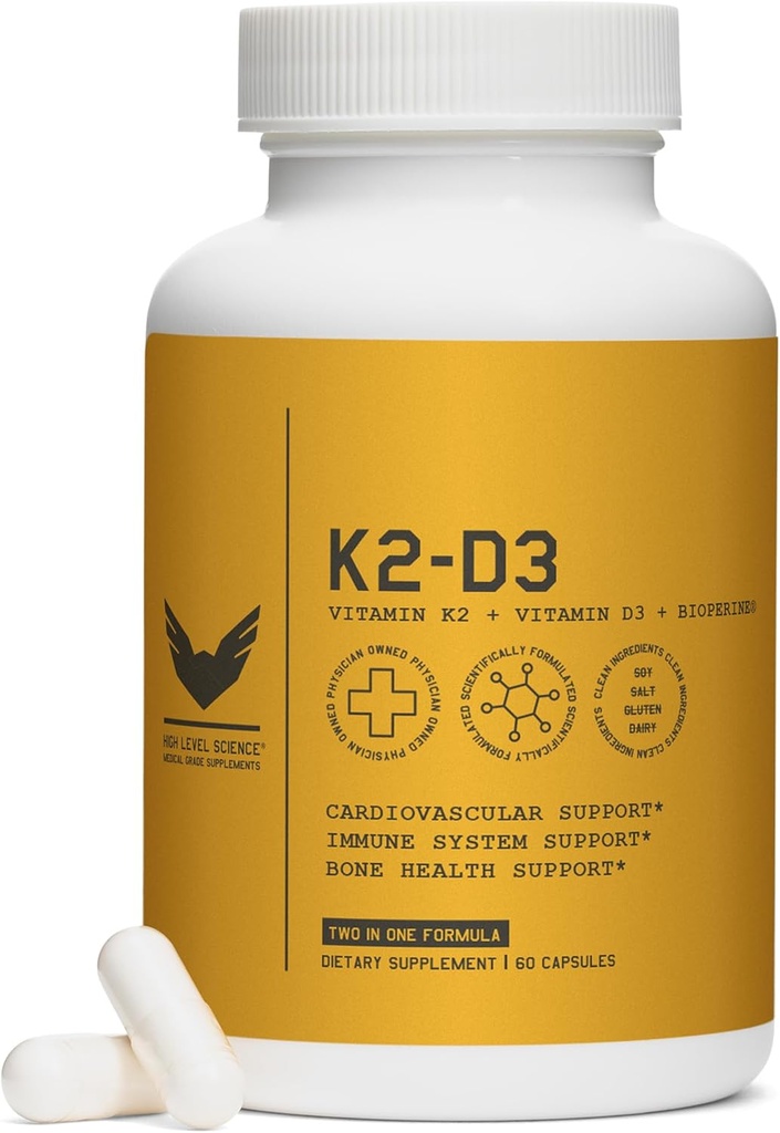 High Level K2D3, Vitamin K2 & D3 Ergänzung mit BioPerine Black Pepper, Dual Action Complex für Herz, Knochen, Immununterstützung, 5000 IU D3, 100 mcg K2, Vegetarisch, 60 Veggie Kapseln