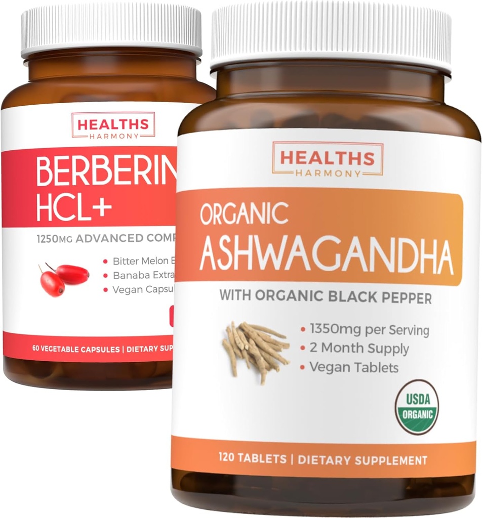 Économisez 4 $ (11 % de rabais) - Acheter Duo Synergy de la Nature - Berberine (60 capsules) - Poudre de racine de l'Ashwagandha biologique 1350mg Servir (120 comprimés) Aide naturelle