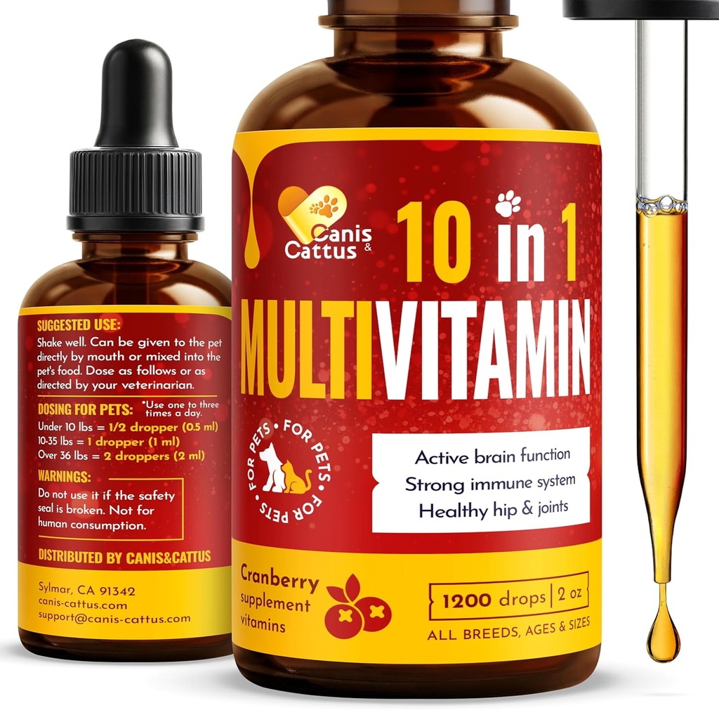 Canis&Cattus 10-in-1 Multivitamin für Hunde und Katzen – Tägliche Glucosamin, Vitamin B, C & D3 Unterstützung - Flüssige Ergänzung mit Cranberry & MSM – 2 Unzen
