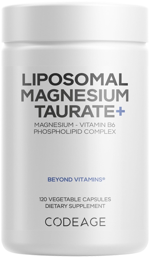 Codeage Liposomal Magnesium Taurate+ Supplemento - Magnesio Taurate, Vitamina B6 come Pyridoxal 5-Phosphate, Alimentazione 2-Month - Consegna Liposomica, Vegan, Non OGM, Senza Glutine, 120 Capsule