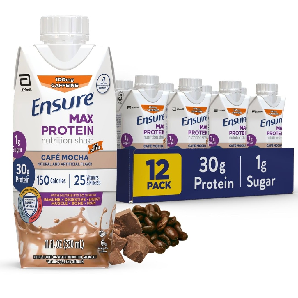 Assicurare Max Protein Cafe Mocha Nutrition Shake | 30g Protein, 1g Sugar, 4g Fiber Blend | 12 Pack