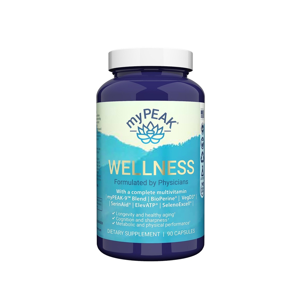 myPEAK Wellness Award-Winning Vegan Multivitamin mit ElevATP Ancient Peat Extract, Natural Astaxanthin, Eisen, Resveratrol und Alpha GPC, Immunität Booster, All-in-One für Männer und Frauen, 90 Count