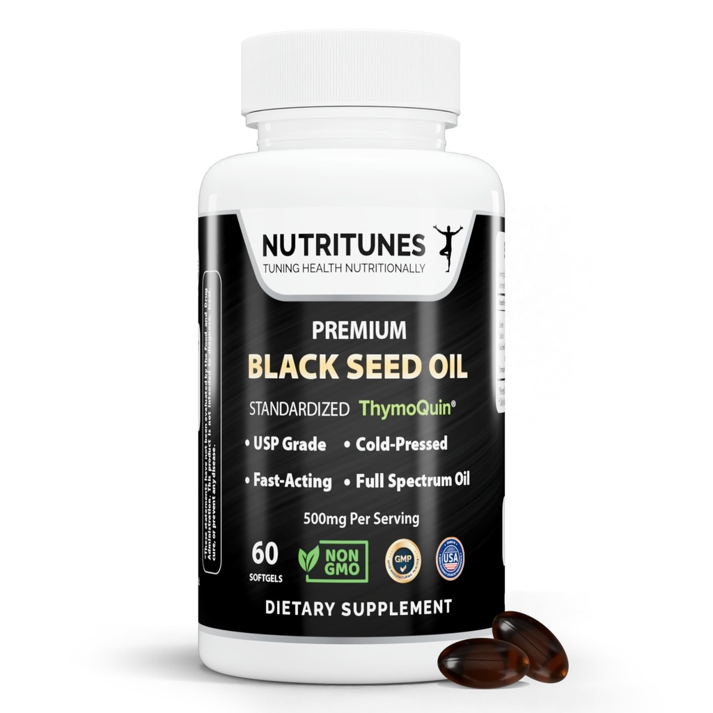 Schwarzes Seedöl 3% Thymochinon Standardisiert – Klinisch untersucht, USP Grade, Kaltgepresste Nigella Sativa ThymoQuin, Non-GMO – 60 Softgels