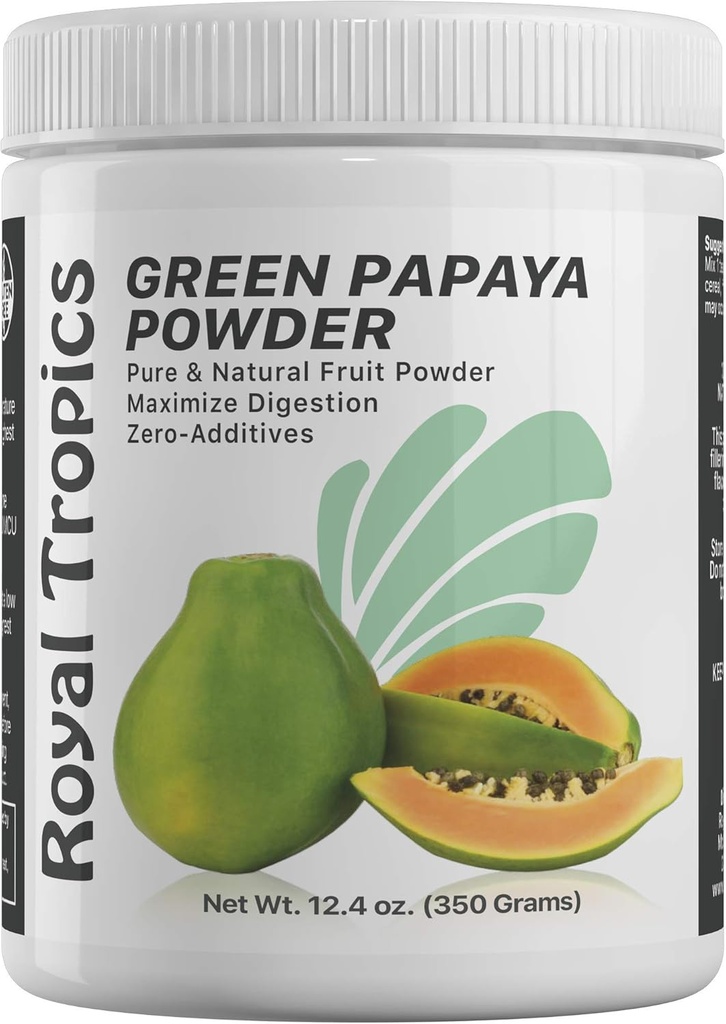 Tropiques royales Poudre de papaye verte. Enzymes pour support digestif.