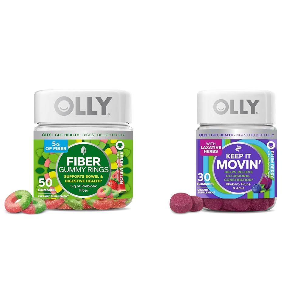 OLLY Fiber Gummy Ringe, 5g Prebiotic Fiber, FOS (Fructo-oligosaccharide), Verdauungsunterstützung, Berry Melon 50ct & Keep it Moving Constipation Relief, Rhubarb, Prunes, Amla - Plum Berry Flavor - 30ct