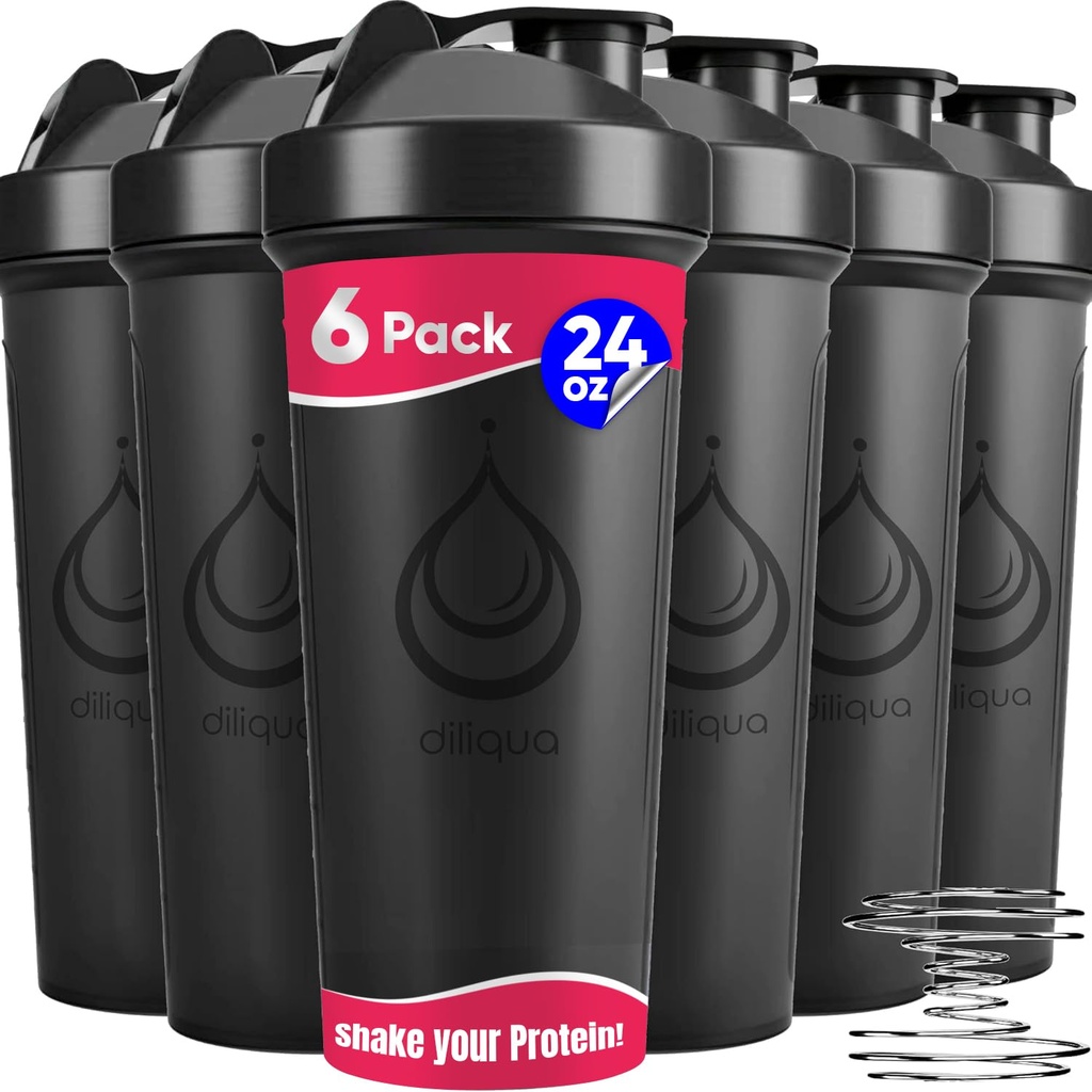 diliqua 6 PACK, Shaker Bottles with Wire Whisks for Protein Mixes | Leakproof Blender Shaker Bottle Pack | BPA-Free & Dishwasher Safe | 6 24 oz shaker bottles | Shaker Cups for shakes