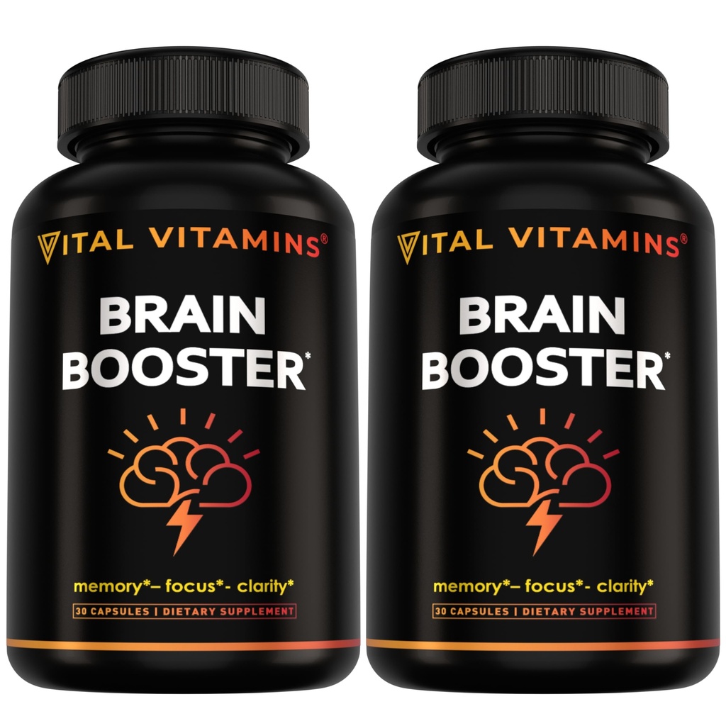 Integratori Vital Vitamins Brain per Memoria e Focus (2-Pack)– Booster Nootropic Brain con Ginkgo Biloba, Rhodiola, B12 – Supporto senza caffeina per adulti e anziani – alimentazione da 60 giorni