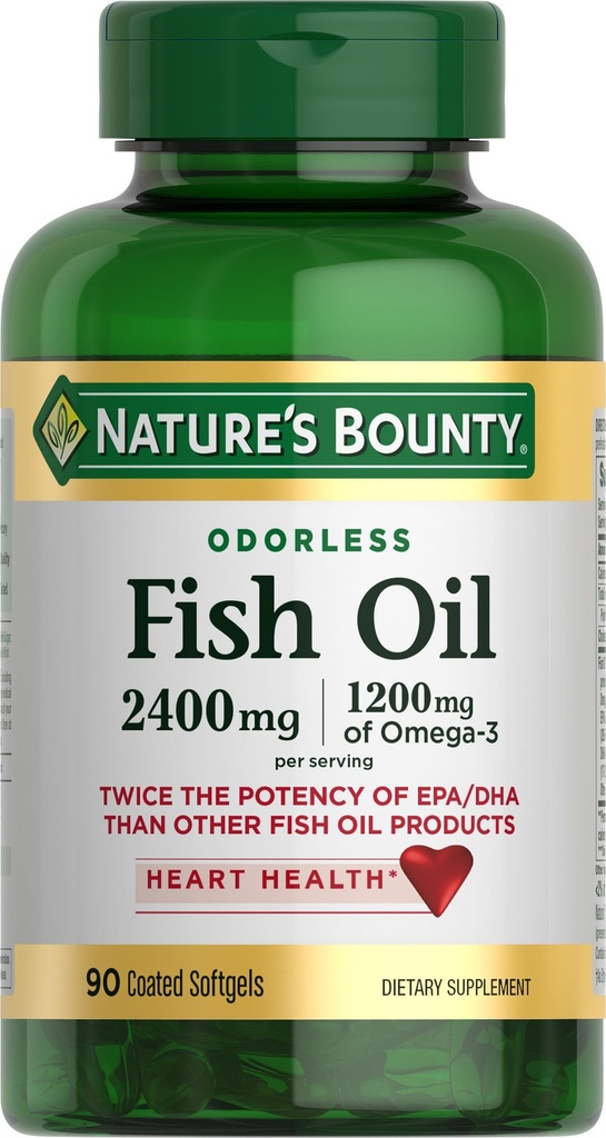Nature's Bounty Odorless Fish Oil, 1200mg Omega-3 pro Servierung einschließlich EPA & DHA, unterstützt Herzgesundheit, gereinigt, um Mercury zu beseitigen, beschichtete Softgels, Glutenfrei, keine Shellfish, 90 Ct