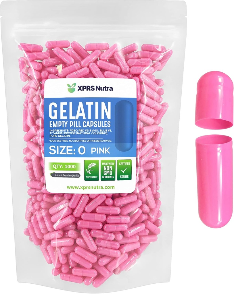 XPRS Nutra Größe 0 Leere Kapseln -1000 Graf Leere Gelatine Kapseln - Pillen DIY Kapsel Füllung - Pure Bovine Pill Gel Kapseln für Do-It-Yourself Ergänzungen (Pink)