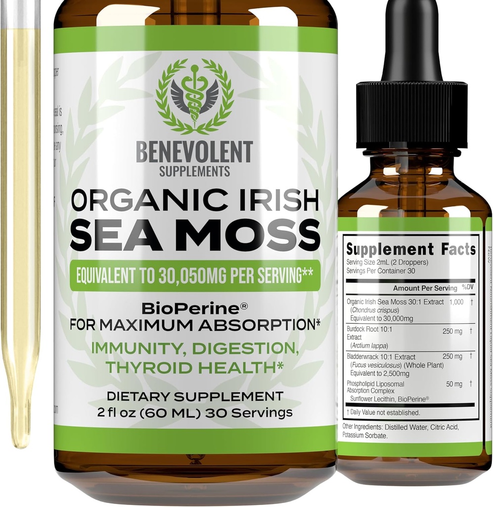 Benevolent Nourishment Organic Irish Sea Moss Drops 2oz - Burdock Root, Bladderwrack & BioPerine [Ultra Strength] 30.000mg Sea Moss Flüssigkeitstropfen für Immununterstützung, Schilddrüse, Gut, Haut und Gelenkgesundheit