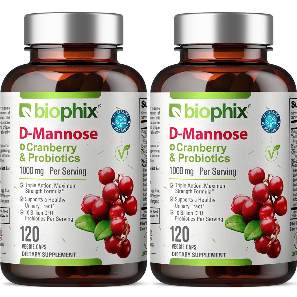 biophix D-Mannose 1000mg capsule con mirtillo e probiotici - D Integratori di mannosio per le donne - D-Mannose Pillole per il supporto sanitario del tratto urinario e della vescica - Benessere digestivo - 120 Vcaps 2 Pack