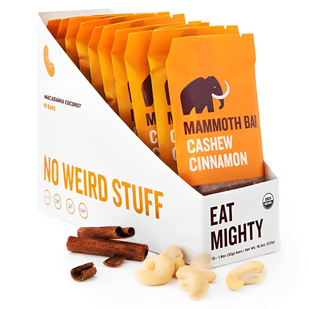 Cashew Cinnamon Bar- Organic, Paleo, Gluten Free and Raw by Mammoth Bar, 10-12g Protein, 1.8 Oz. Bar (10 Bars) ...