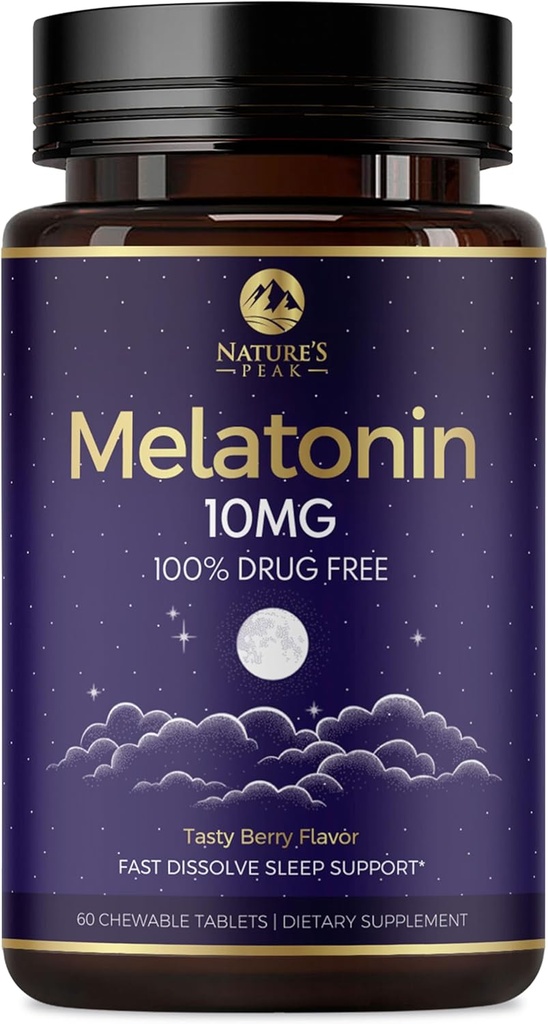 Melatonine 10mg Suppléments de solution rapide, Supplément de soutien pour le sommeil pour les adultes - Extra Strength 10 mg Comprimé de mélatonine pour le repos de soutien pour le sommeil, goût de fraise, sans sucre non-OGM - 60 jours d'approvisionnement