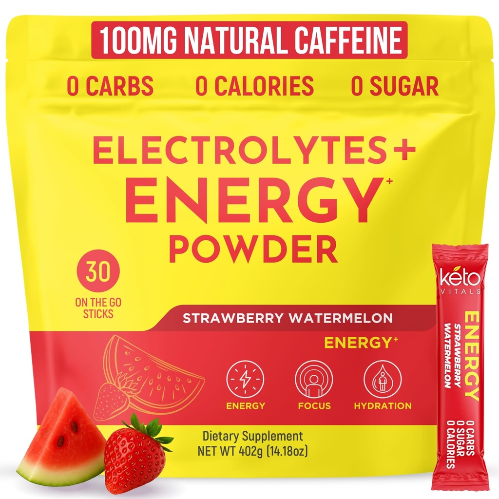 Keto Vitals Electrolyte Energy Drink Powder Packets - Integratore elettrolitico per l'energia e la riidratazione - Pacchetti di polvere di Keto dell'anguria di fragola, 30 Conte