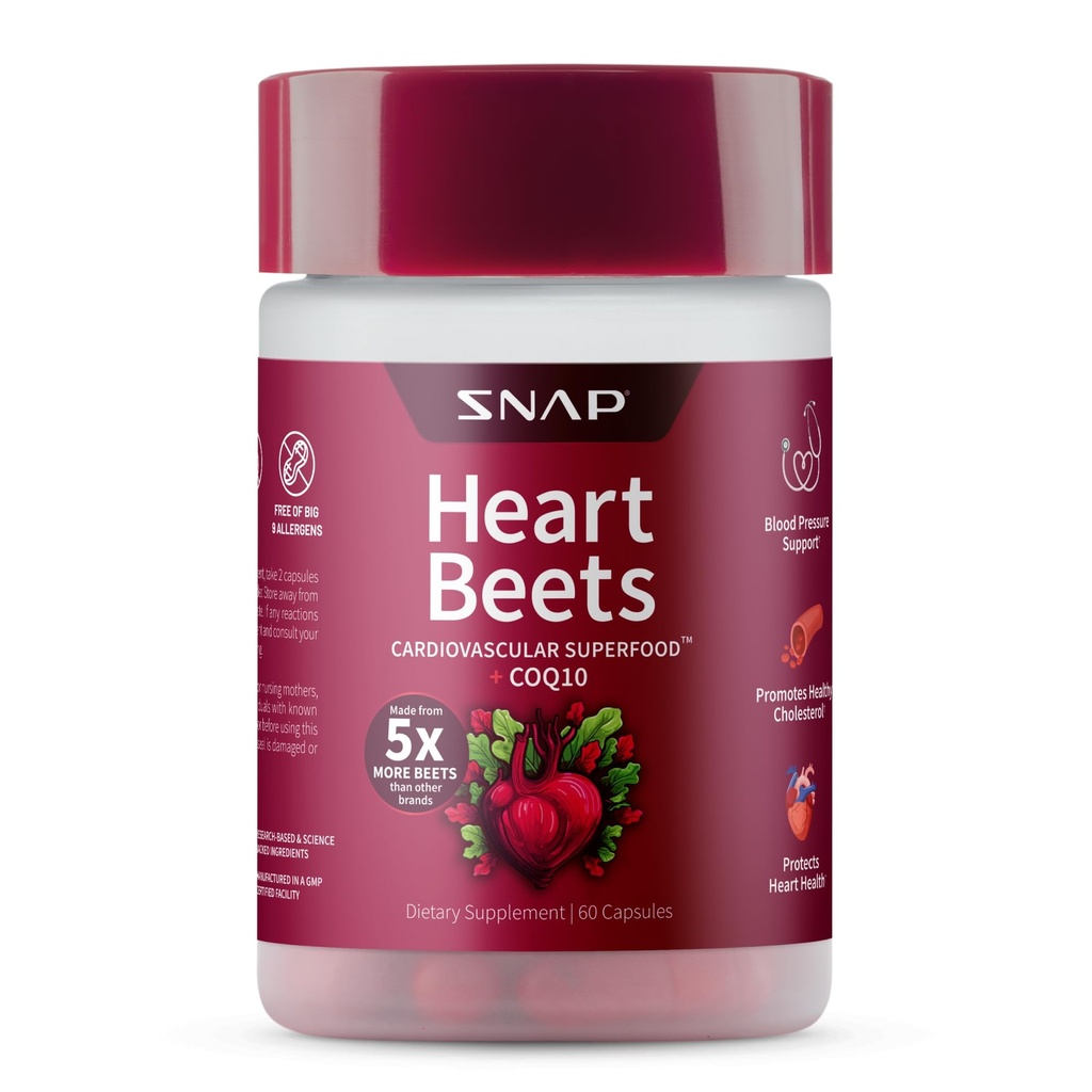 Snap-Ergänzungen Herz Rüben Kapseln mit CoQ10, Herz-Kreislauf-Unterstützung Ergänzung für Männer & Frauen, Superfood mit 5X Mehr Beets, Herz-Gesundheit, Zirkulation & Cholesterol-Unterstützung, 60 Kapseln