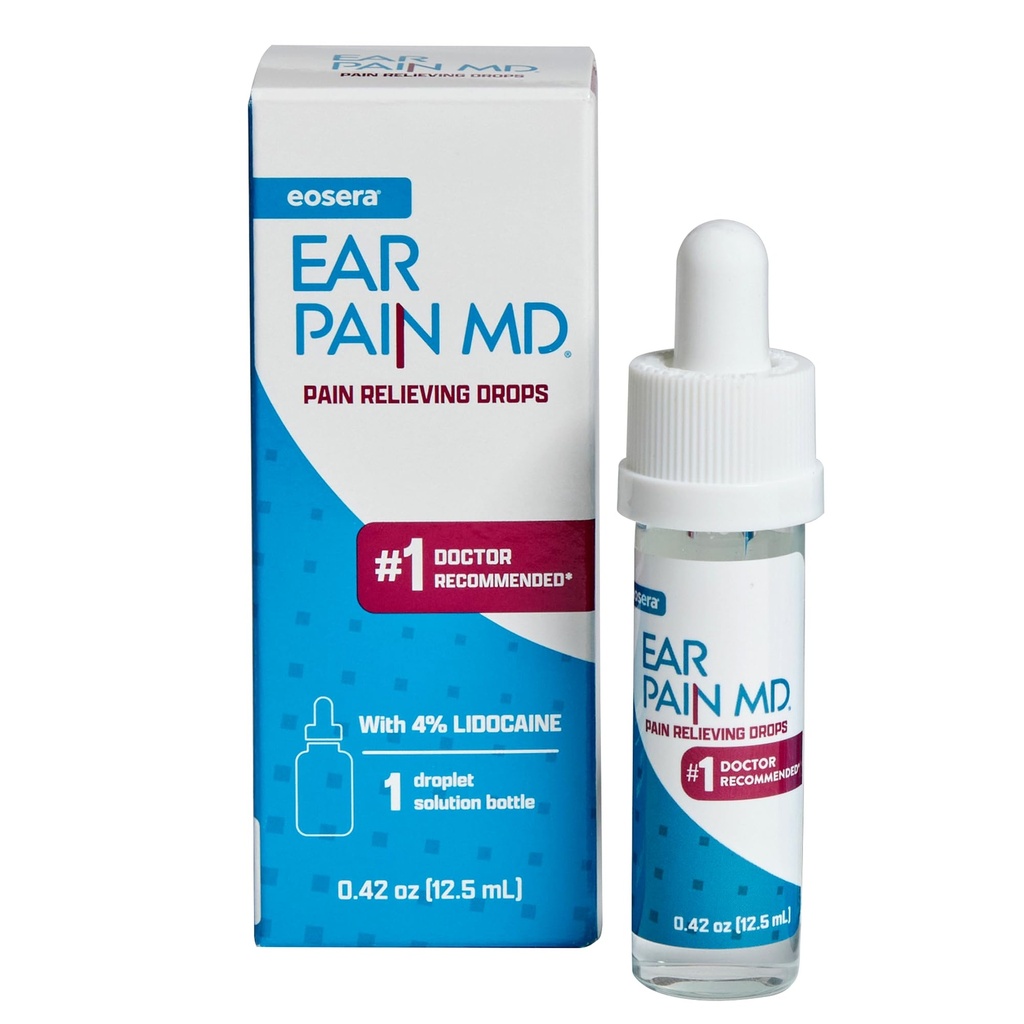 Douleur d'oreille Eosera MD® - 4% gouttes d'oreille Lidocaïne pour un soulagement maximal de la douleur à la force - Traitement de la douleur à action rapide et en numération pour adultes et enfants (12,5 mL)