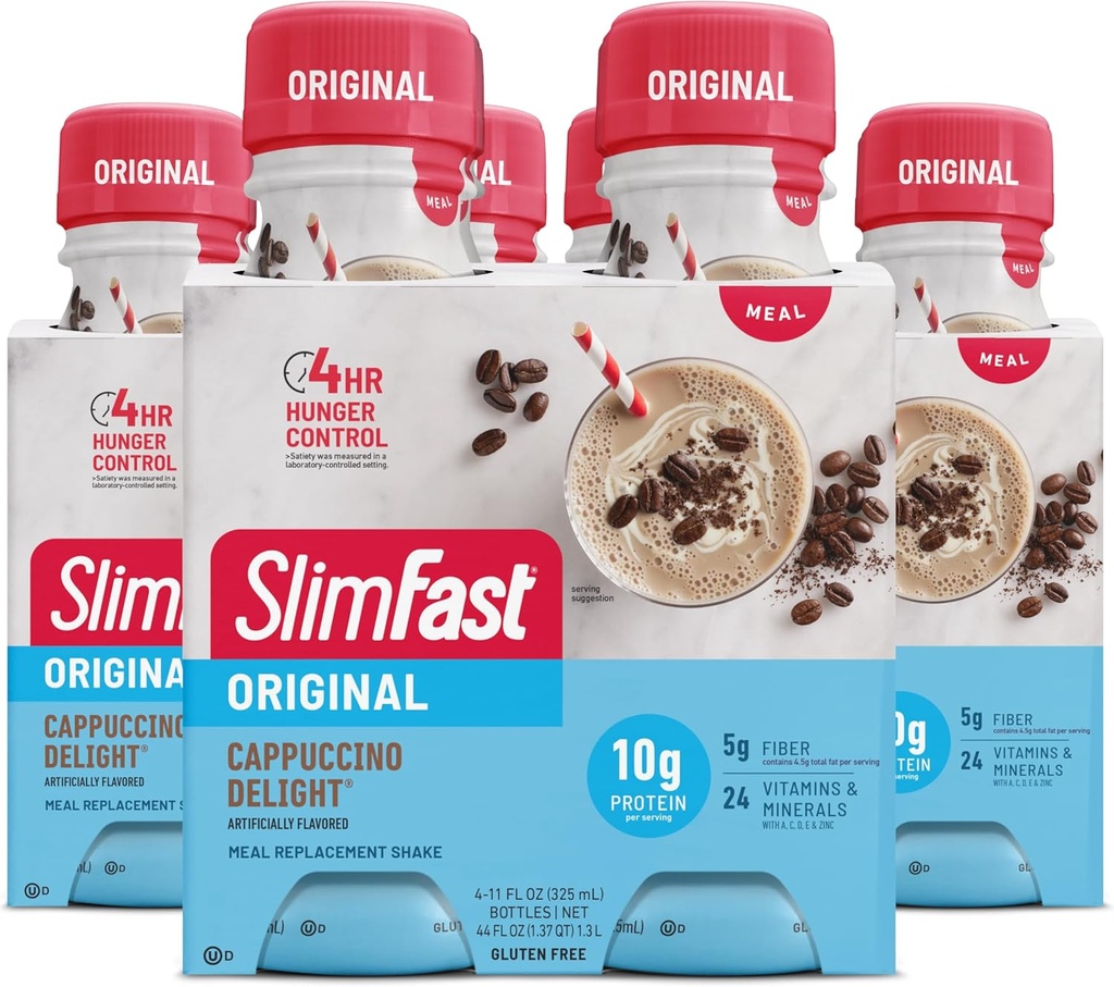 SlimFast Meal Sostituzione Shake, Cappuccino Originale Delight, 10g di Pronti a Bere Proteine per Perdita di Peso, 11 Fl. Oz Bottiglia, 4 Conte (Pack of 3) (Packaging May Vary)