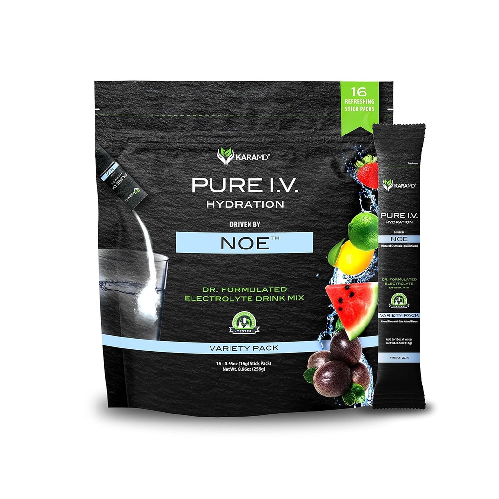 KaraMD Pure I.V. - Électrolyte à formule professionnelle 4 variétés de saveurs Mélange de poudre – emballages hydratants rafraîchissants et délicieux avec vitamines et minéraux – 4 variétés de saveurs - 1 sac (16 bâtons)