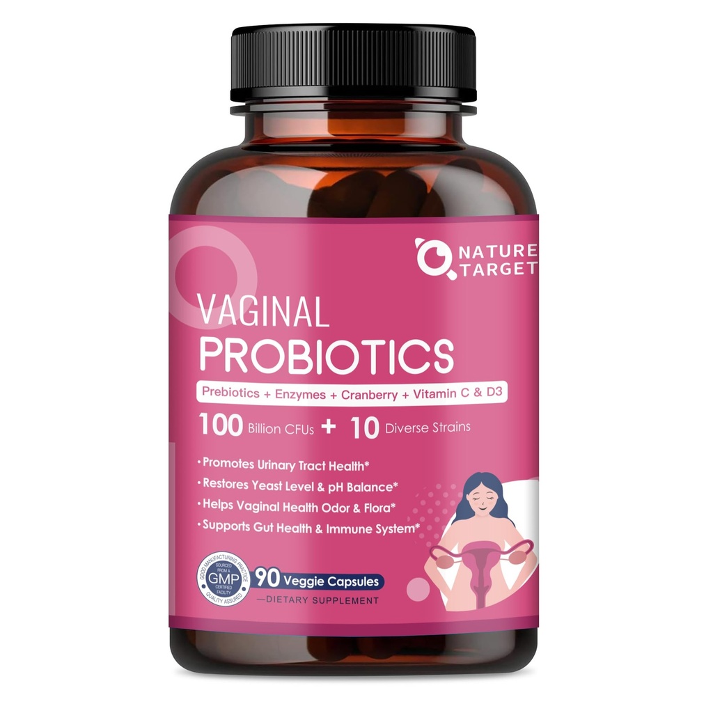 NATURE TARGET Vaginal Womens Probiotics, 100 Billion CFUs Probiotics & Prebiotics mit Verdauungsenzymen, Cranberry & D-Mannose - Unterstützt pH Balance, Odor & Urinary Tract Health - 90 Kapseln