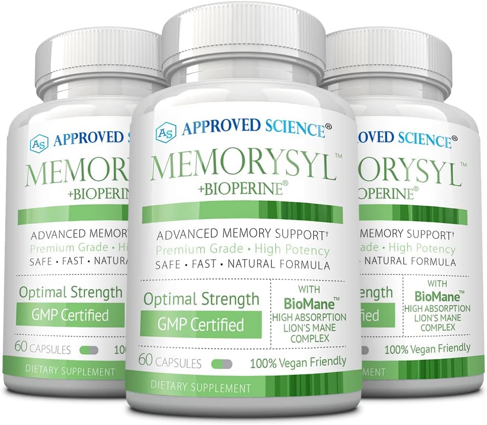 Approved Science MemorySyl - Memory Boosting Supplement - Migliorare il fuoco e la concentrazione - Proteggere contro il declino cognitivo - con il Lion’s Mane e BioPerine - 3 mesi di fornitura - Vegan