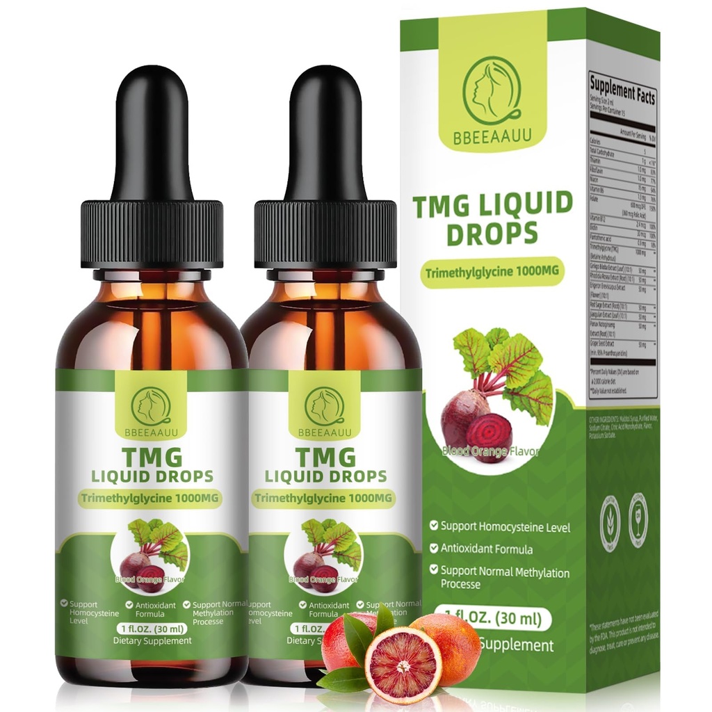 Suppléments TMG 1000MG - Triméthylglycine gouttes liquides, Betaïne haute absorption, soutient la méthylation, le bien-être du foie et la cognition, non-OGM, végétalien, saveur d'orange de sang, 1 Fl.Oz (2 pack)