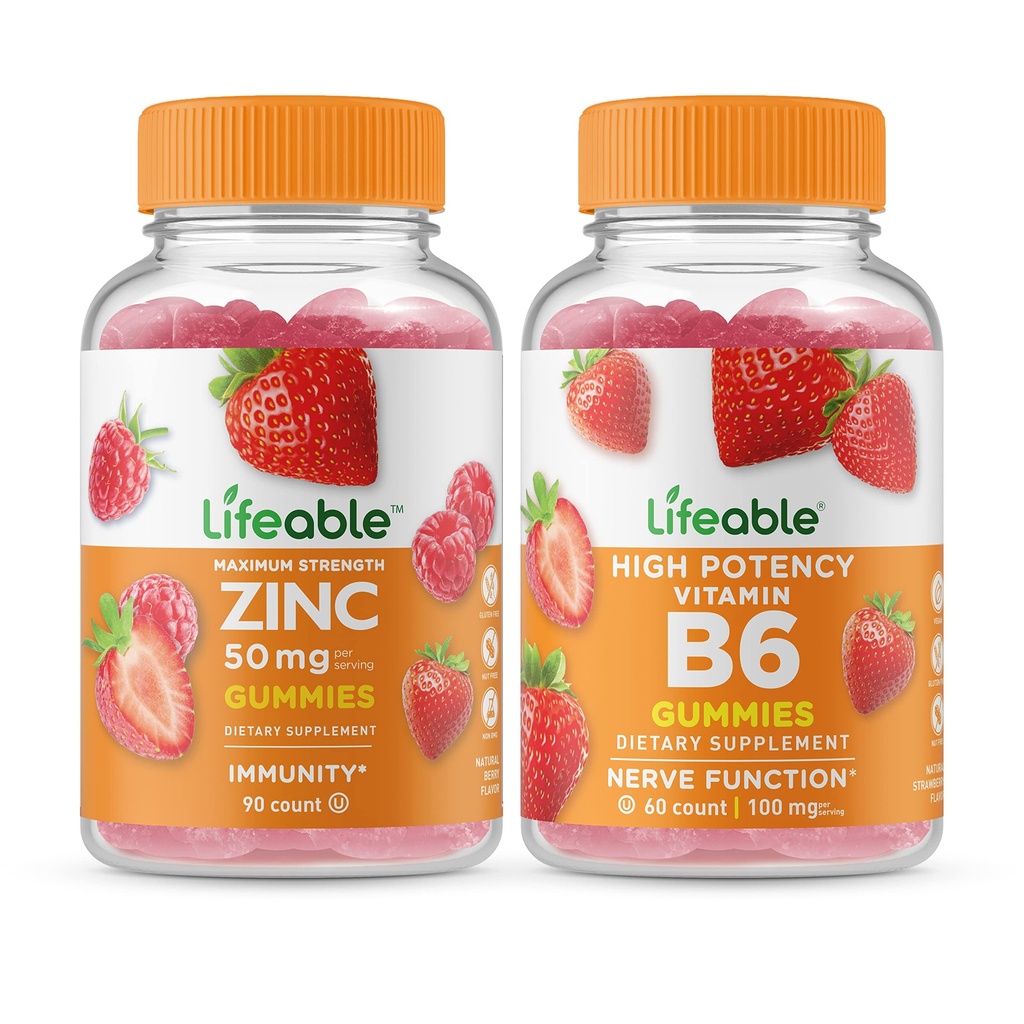 Lebendige Zink 50mg + Vitamin B6, Gummis Bundle - Große Verkostung, Vitamin-Ergänzung, Glutenfrei, GMO frei, Kaugummi