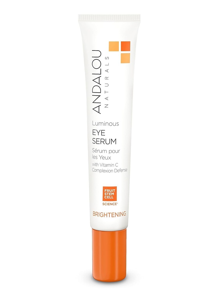 Andalou Naturals Sérum oculaire lumineux, crème oculaire illuminante pour les cernes foncés et les puffines, vitamine C, caféine et goji Glycopeptides pour une apparence rajeunie, rafraîchie, plus serrée, 0,6 once