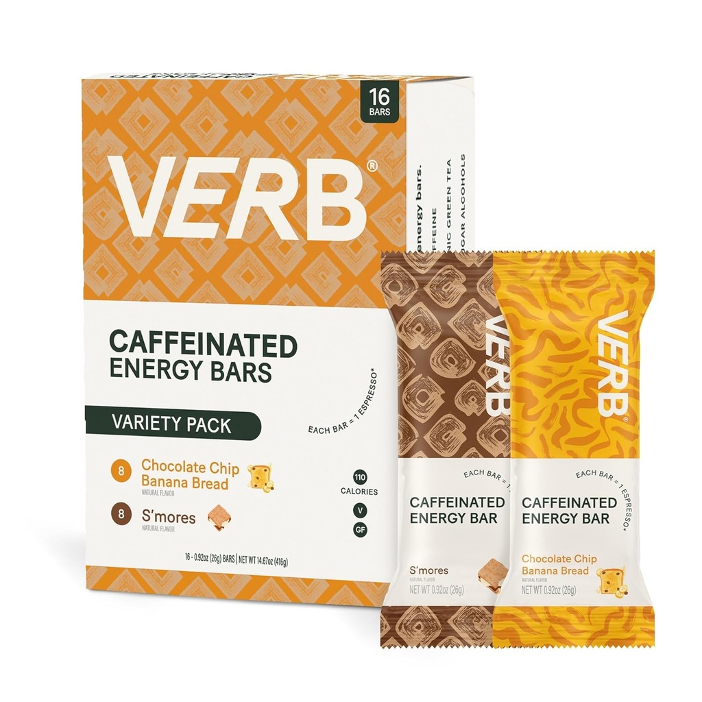 Verb Koffeinierte Energy Bars Variety Pack - 2 Delicious Flavors (26g, Packung mit 16) 110-Calorie Delicious Low Sugar Energy Bar, Vegan & Gluten Free On-the Go Snack mit 80mg Green Tea Koffein