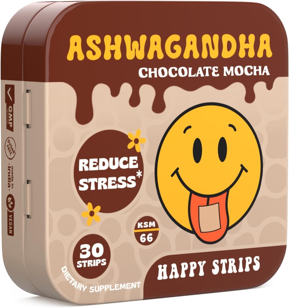Happy Strips Organic Ashwagandha KSM 66 & GABA für Stressentlastung, Beruhigung, Schlaf - Fast-Acting & Rapid-Dissolving, Schokolade Mocha Flavored, Organic, Vegan, Sugar-Free - 30 Count