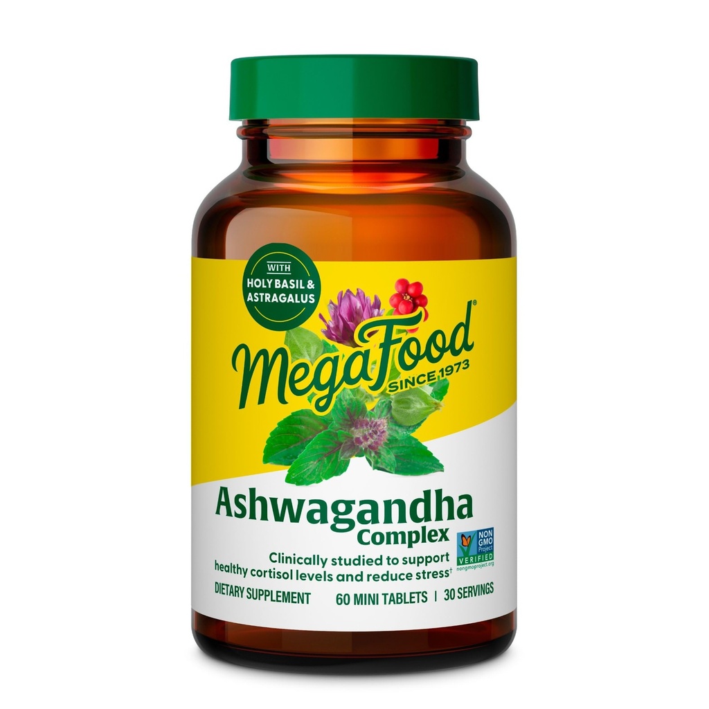 MegaFood Ashwagandha Complex (früher Stress Protect) - Ashwagandha ergänzt Astragalus Root & Holy Basil - Vegetarisch, Glutenfrei, Cortisol Supplement - 60 Mini Tabletten, 30 Servietten