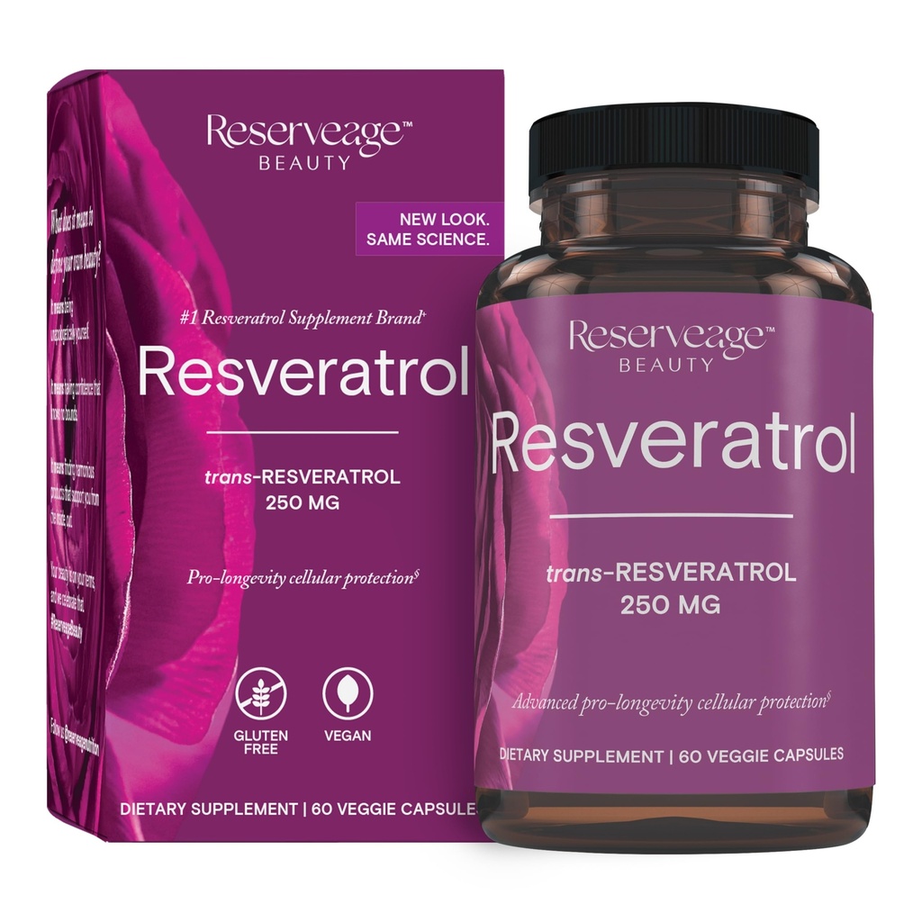 Réserve Beauté Resveratrol 250 mg - Meilleur Trans-Resveratrol - Supplément antioxydant végétalien pour la santé cellulaire et cardiaque - Aide le vieillissement en santé et la santé immunitaire - 60 capsules végétales