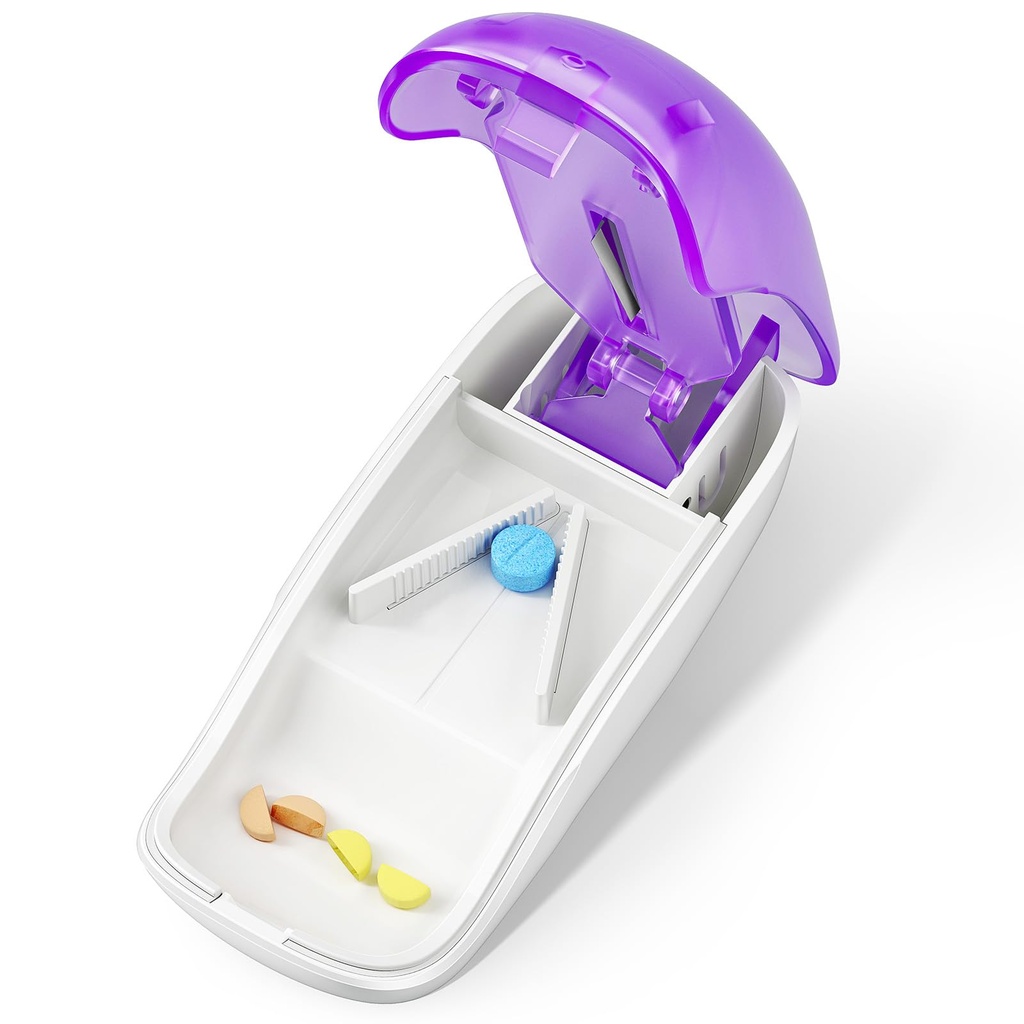 Pille Cutter Splitter für kleine und winzige Pillen, Pille Cutter für Schneiden von Vitaminen Tabletten in Halb, Pille Splitter mit Klingenschutz, Lila