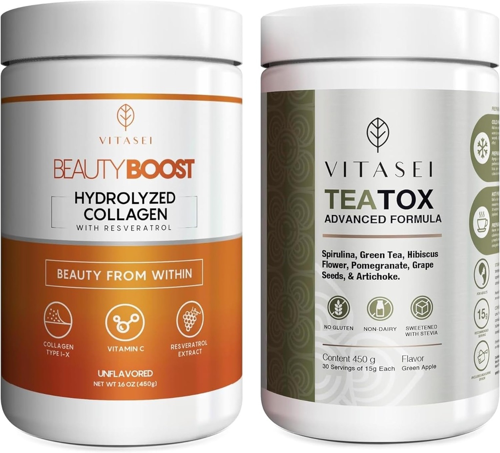 VITASEI Benessere Bundle – Peptidi di collagene idrolizzati Polvere & Teatox Detox & Cleanse Support Powder – Capelli, Pelle, Unghie & Digestione Booster per donne & uomini