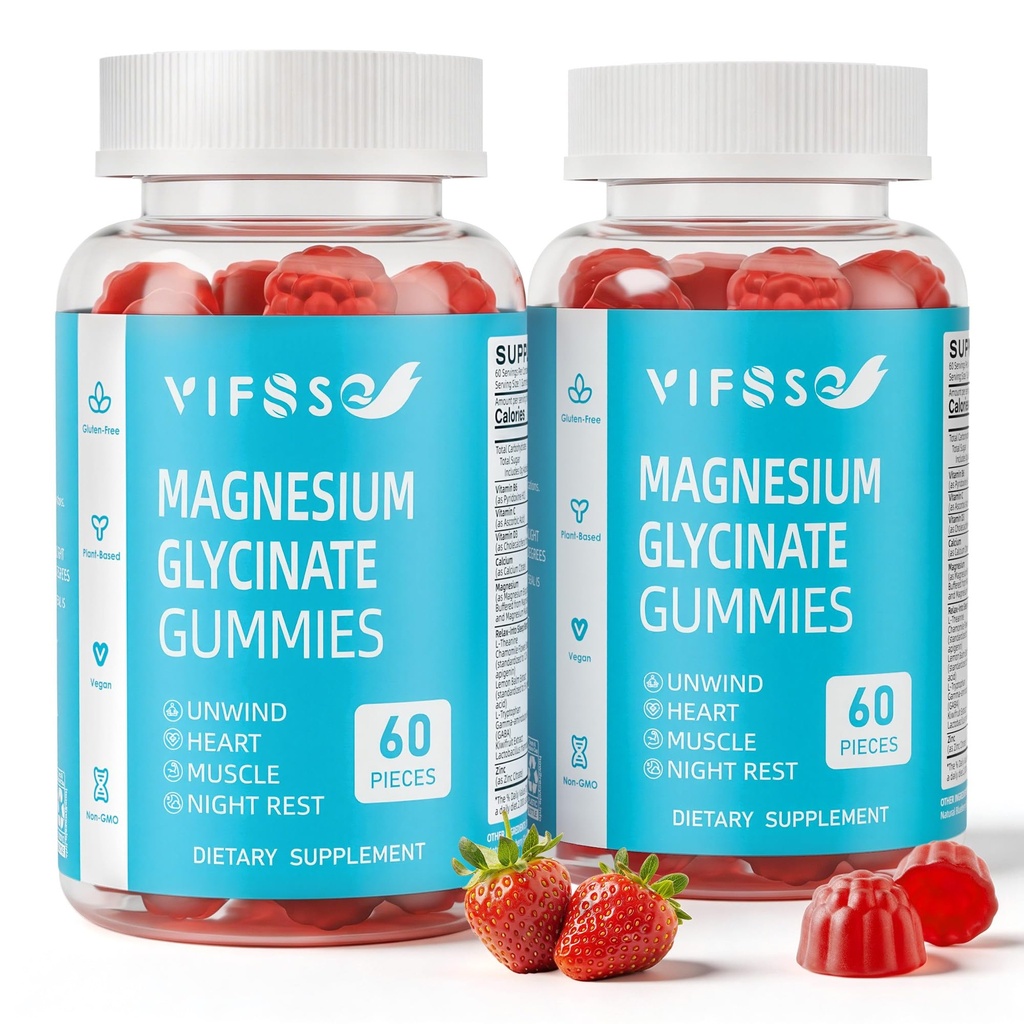 Glycinat de magnésium Gommies pour adultes et enfants 4+, 2 Pack Sans sucre Supplément de Bisglycinate de magnésium 400/200mg avec L Theanine, Camomille, Lemon Baume pour le soutien du soir et la routine de lit 120 Gommies