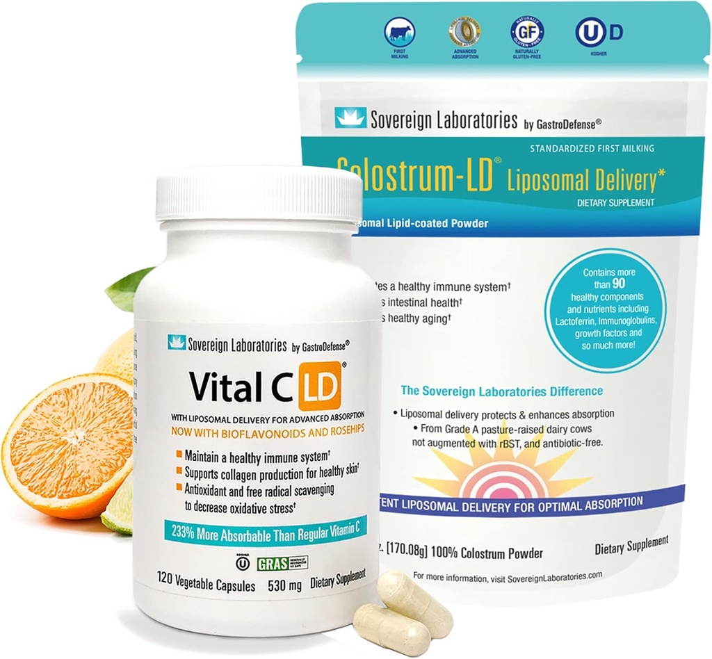 Immunity and Gut Health Bundle - 34 jours d'approvisionnement en colostrum-LD et 60 jours d'approvisionnement en C vital avec des rosiers et des bioflavonoïdes.