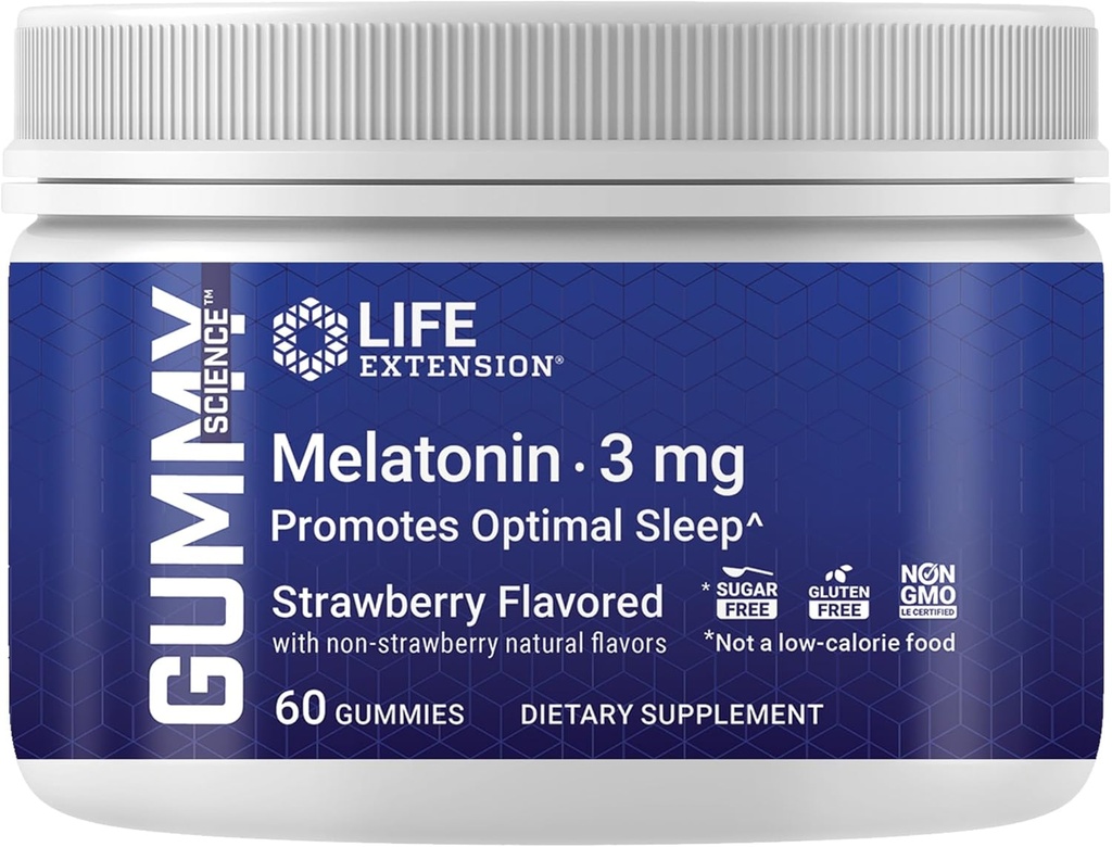 Estensione della vita Gummy ScienceTM Melatonina (Strawberry), 3 mg, Supporto ottimale del sonno, Ritmo circadico sano, Difesa cellulare, Senza glutine, Non OGM, Vegetariano, 60 Gummies