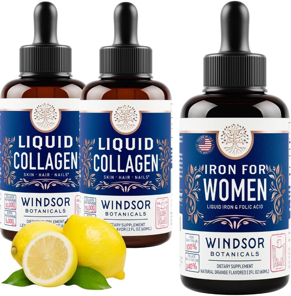 WINDSOR BOTANICALS Liquid Collagen 2-Pack und Flüssigeisen für Damen Beauty und Wellness Bundle